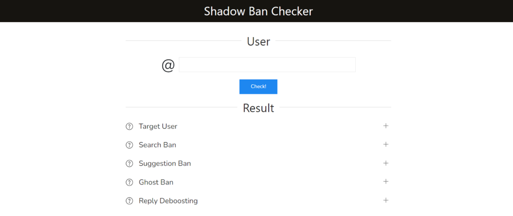 Shadow Ban Checkerのトップ画面