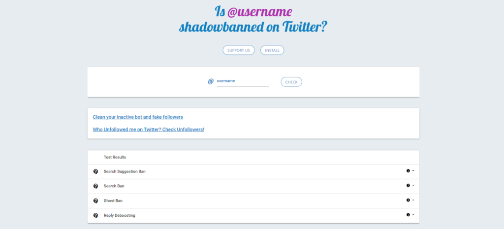 Twitter Shadowban Testのトップ画面