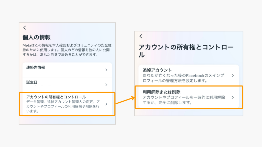 「アカウントの所有権とコントロール」>「利用解除または削除」をタップする