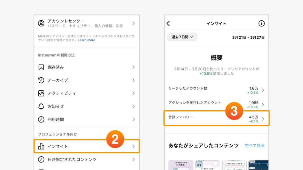 設定とアクティビティの中の「インサイト」をタップし「合計フォロワー」をタップ