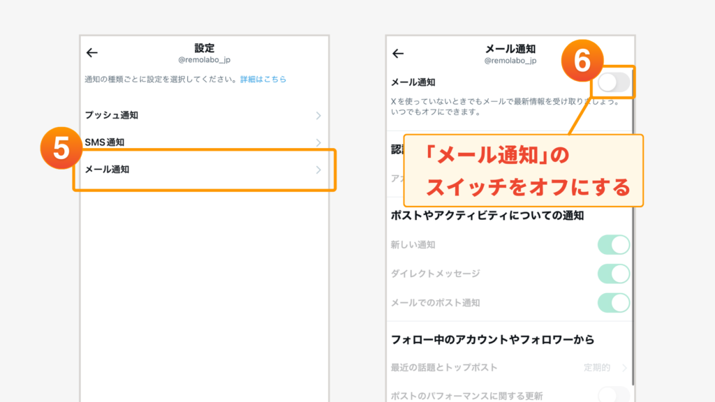 ⑤「メール通知」をタップ
⑥「メール通知」のスイッチをオフにする