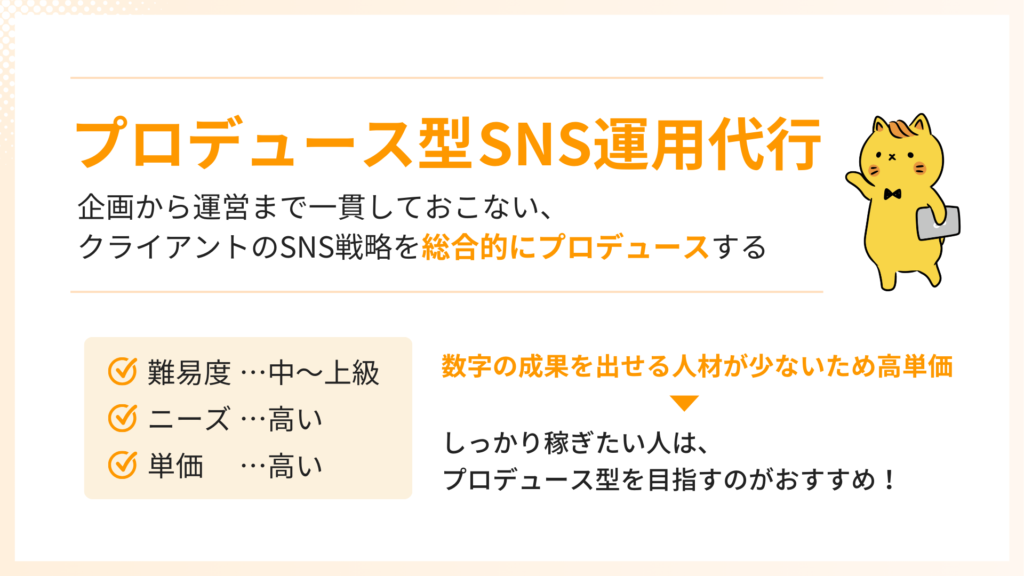 「プロデュース型」は、企画から運営まで一貫しておこない、クライアントのSNS戦略を総合的にプロデュースします