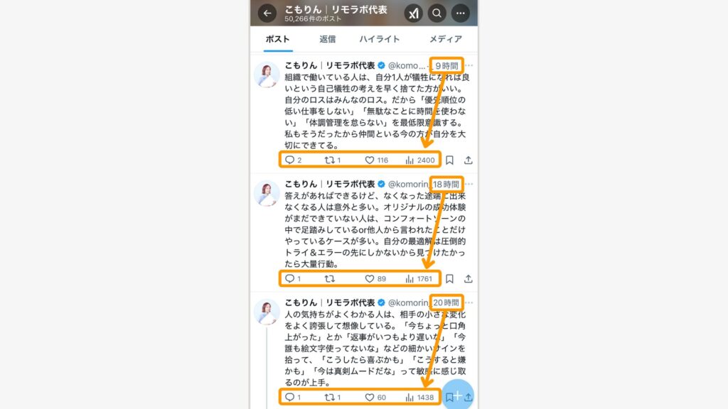 Xのタイムラインや通知、過去の投稿データを見るだけでも「どの時間に投稿したポストが伸びているか」が分かる