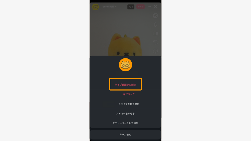 表示されるメニューから「ライブ動画から削除」を選択