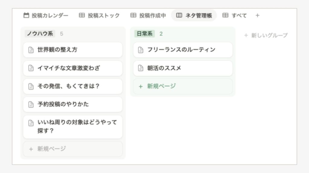 Notionでインスタの投稿ネタをまとめたイメージ
ジャンルに分けて可視化する