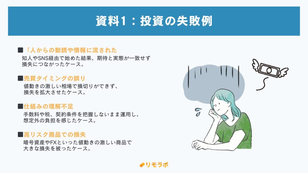 資料1.投資の失敗例
・人からの勧誘や情報に流された
・売り買いタイミングの誤り
・仕組みの理解不足
・高リスク商品での損失