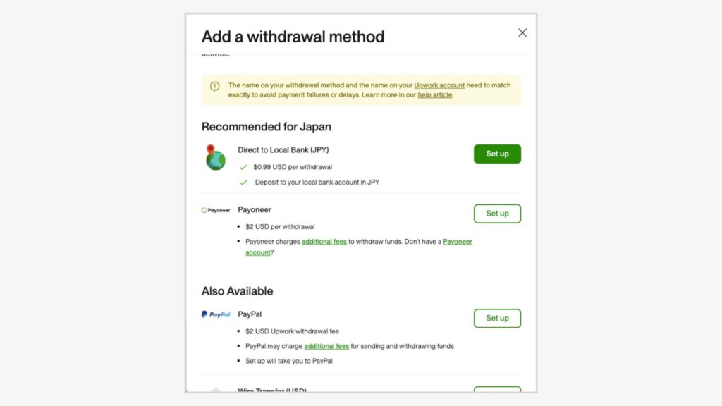 「Direct to Local Bank(JPY)」から「Set up」をクリック