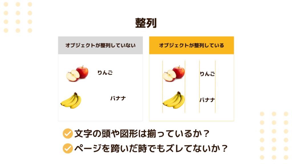 文字の頭や図形は揃っているか?
ページを跨いだ時でもズレてないか?