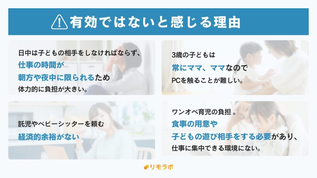 有効ではないと感じる理由
日中は子どもの相手をしなければならず、
仕事の時間が朝や夜中に限られるため
体力的に負担が大きい。
3歳の子どもは
常にママ、ママなので
PCを触ることが難しい。