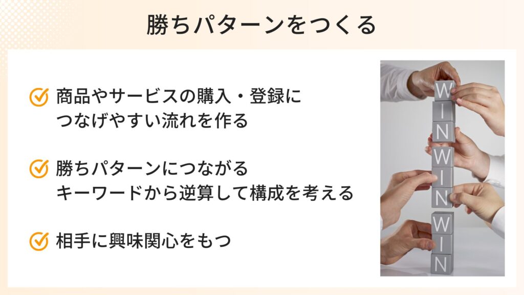 勝ちパターンを作るための話し方
・商品やサービスの購入・登録につなげやすい流れを作る
・勝ちパターンにつながるキーワードから逆算して構成を考える
・相手に興味関心をもつ