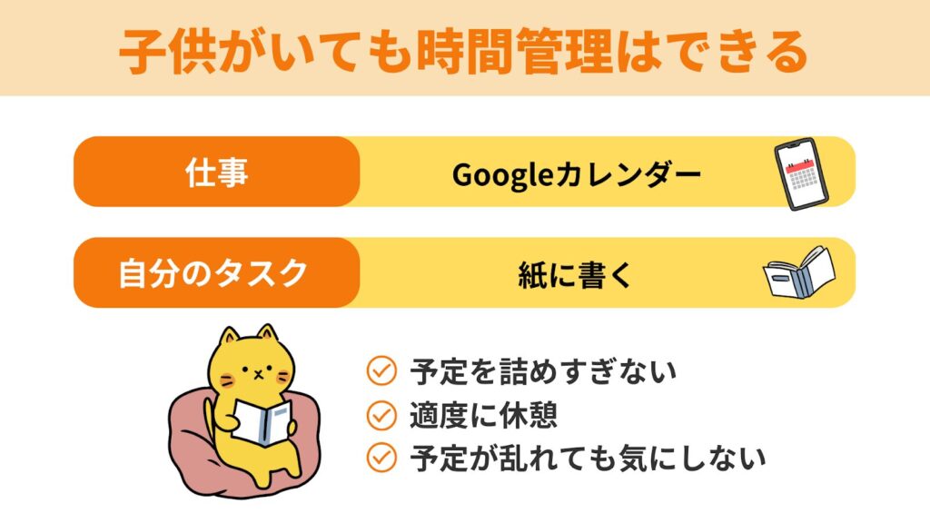 子供がいても時間管理はできる。予定を詰めすぎない
適度に休憩
予定が乱れても気にしない
