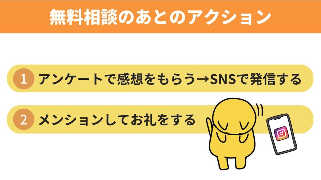 無料相談の後のアクション
1、アンケートで感想をもらう → SNSで発信する
2、メンションしてお礼をする