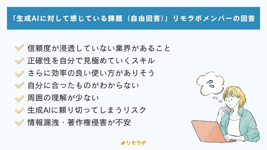 生成AIに対して感じている課題(自由回答):リモラボメンバーの回答│信頼度が浸透していない業界がある、正確性を見極めるスキル不足、自分にあったものが分からない、周囲の理解、頼ってしまうリスク、情報漏洩・著作権侵害が不安