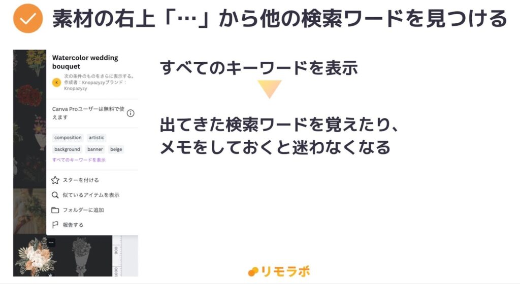 素材右上「…」から他の検索ワードを見つける手順