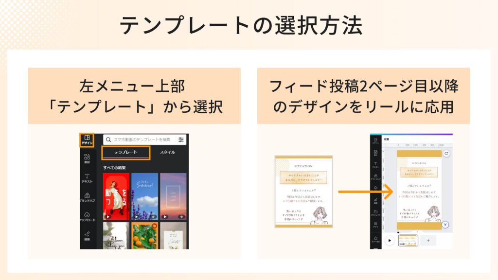 テンプレートの選択方法2つ
・左メニュー上部「テンプレート」から選択
・白紙状態から、フィード投稿で使っている、2ページ目以降のデザインをリールに応用