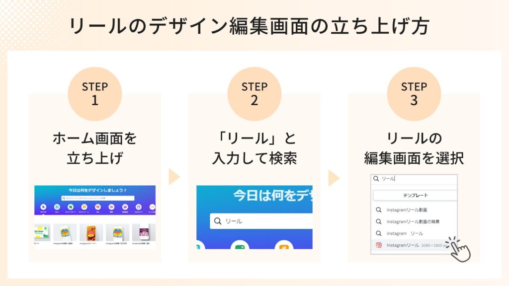 Canvaのリールデザイン編集画面を立ち上げる方法
1.ホーム画面を立ち上げ
2.大きな検索窓に「リール」と入力して検索
3.リールの編集画面を選択