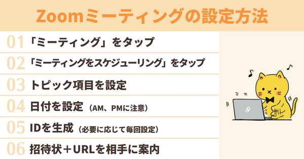 「ミーティング」をタップ(パソコン版は「ホーム」)
「スケジュール」をタップ
トピック(ミーティングタイトル)を設定
日時を設定(AM、PMに注意)
IDを生成(必要に応じて毎回設定)
招待状とURLを合わせて相手に案内